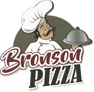 Bronson Pizza logo: a chef holding a covered serving tray.